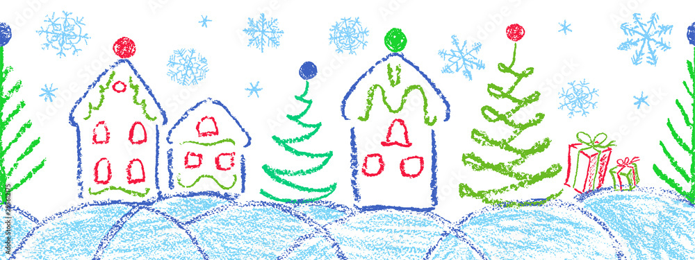 Crayon christmas house, gift box and tree seamless border set. Like child's hand drawing funny doodle style on white. Vector cute holiday hut. Pencil or pastel chalk kids horizontal pattern background