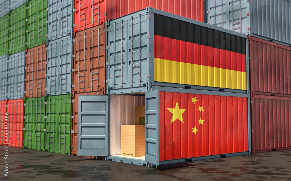 Fototapeta premium Stacks of Freight containers. German and China flag. 3D Rendering