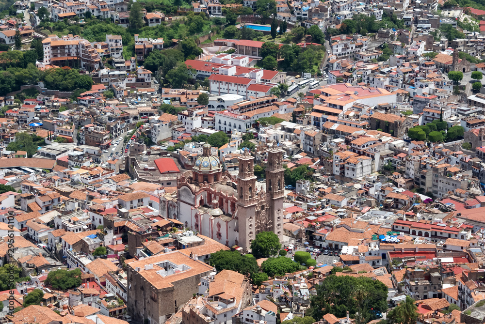 High angle shoot of the urban landscape of Tasco de Alarcon. red roofs of the city