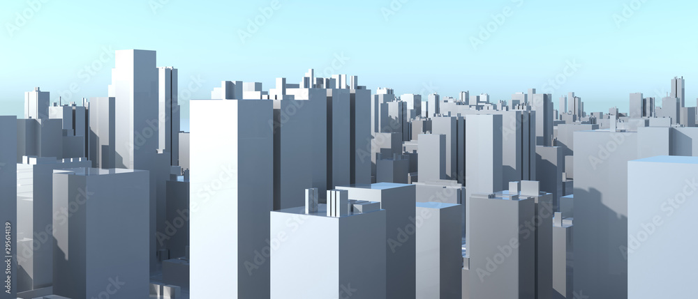 City Urban, 3D panorama on blue sky. Architectural render illustration. Apartment rental - advertising promotion banner. Office business center environment. High-rise skyscrapers - rental estate city