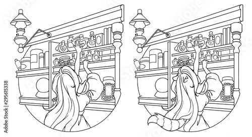 Cute little girl reaching for bottle on shelf in magic shop. Contour vector illustration. Can be used for coloring book,  tattoo, sticker, card, t shirt design.