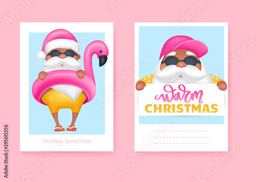 Summer Santa's greeting cards. Vector illustration. Tropical Christmas and Happy New Year in a warm climate design.