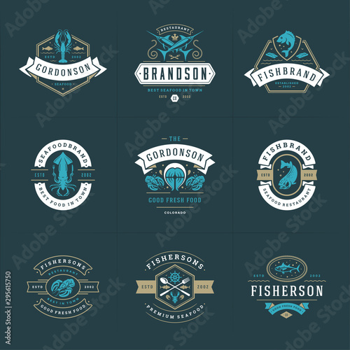 Seafood logos or signs set vector illustration fish market and restaurant emblems templates design