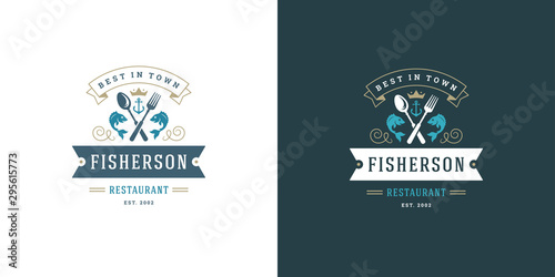 Seafood logo or sign vector illustration fish market and restaurant emblem template design fish silhouette