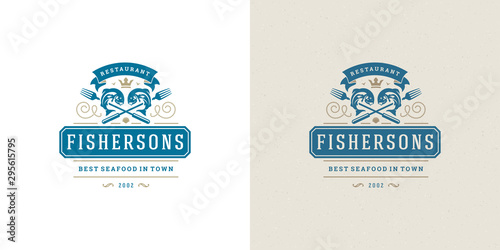 Seafood logo or sign vector illustration fish market and restaurant emblem template design fish silhouette
