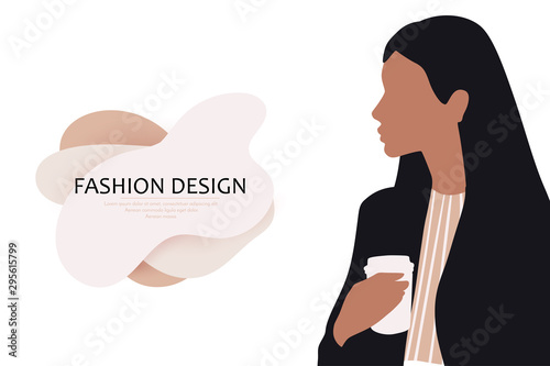 Fashion poster with young woman. Beautiful girl with cup of coffee.