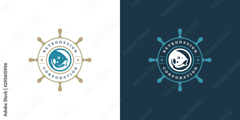 Seafood logo or sign vector illustration fish market and restaurant emblem template design fish with helm silhouette
