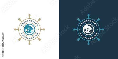 Seafood logo or sign vector illustration fish market and restaurant emblem template design fish with helm silhouette