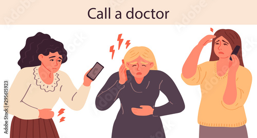 Three women call a doctor. Head and stomach ache. Technology concept vector design. Vector illustration in freehand drawn style