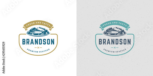 Seafood logo or sign vector illustration fish market and restaurant emblem template design grilled fish steak silhouette