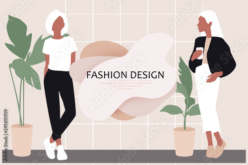 Vector young women dressed in trendy clothes standing in the room.