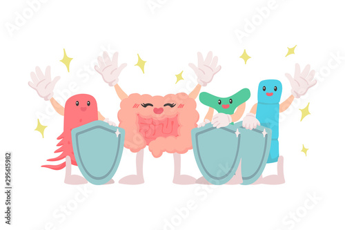 Intestines and probiotics. Digestive tract. Cute characters on a white background. Microscopic bacteria. Vector illustration in freehand drawn style