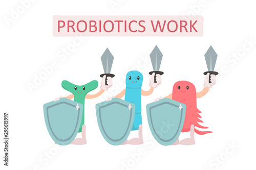 Group of probiotics with shields and swords. Digestion protection concept. Cute characters on a white background. Microscopic bacteria. Vector illustration in freehand drawn style