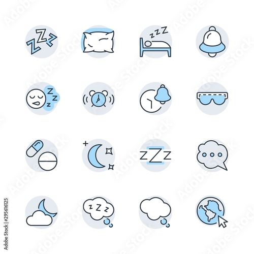 Sleep Vector Line Icons Set. Contains such Icons as Alarm Clock, Bed, Insomnia, Pillow, Sleeping Pills, Bell, Glasses for sleep, Bubble and more. Editable Stroke. 32x32 Pixel Perfect
