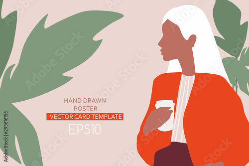 Fashion poster with young woman. Beautiful girl with cup of coffee.