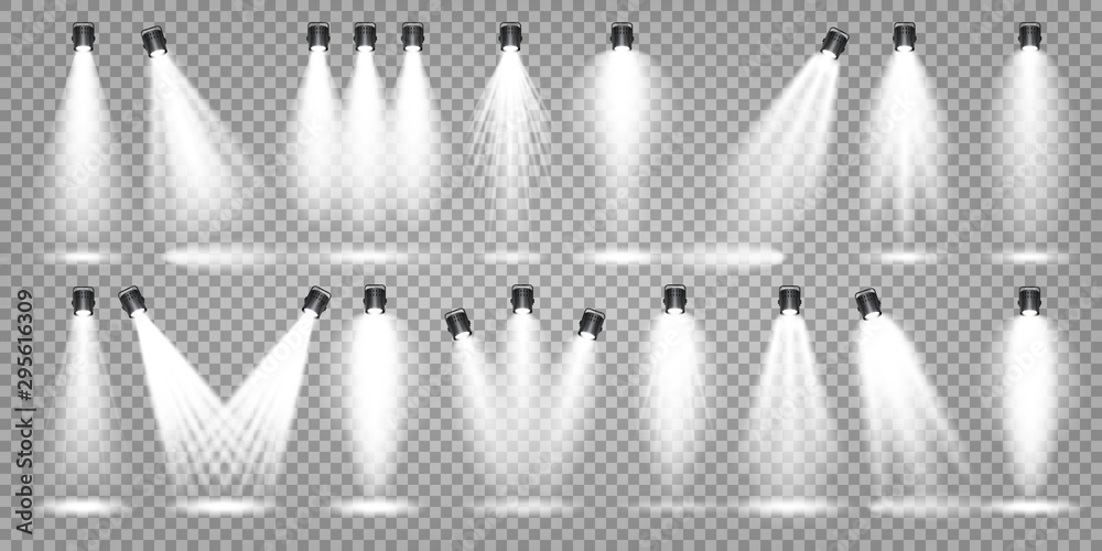 Vector spotlight set. Bright light beam. Transparent realistic effect. Stage lighting. Illuminated studio spotlights. - obrazy, fototapety, plakaty 