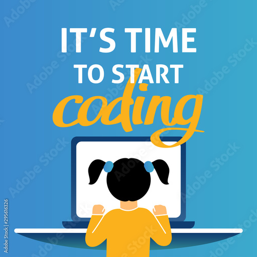 A square image of the girl who studies coding. A vector image for a flyer or a poster for the chidren coding school. Blue and yellow colors