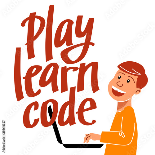 A square image of the boy who studies coding. A vector image for a flyer or a poster for the chidren coding school