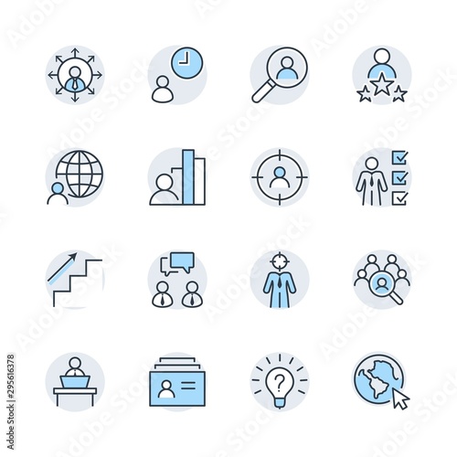 Set of Head Hunting Related Vector Line Icons. Contains such Icons as Career growth, Bulb, Candidate, Search, CV, Card Index, Outsource and more. Editable Stroke. 32x32 Pixel Perfect