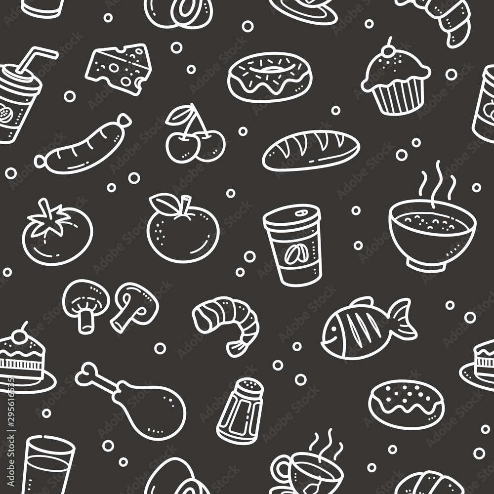 Seamless Food, Drink and Fruit Pattern. Chalkboard Drawing.