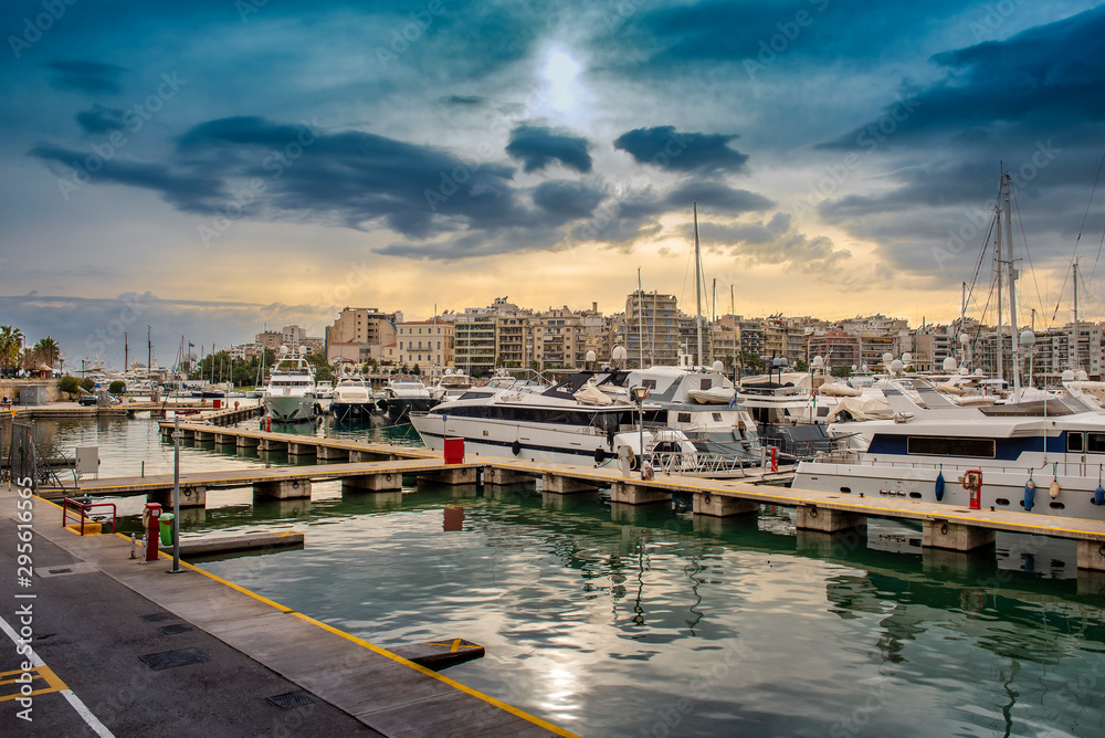 Luxury motorboats and yachts at the dock. Marina Zeas, Piraeus,Greece.