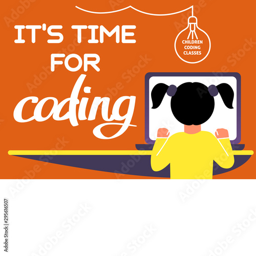 A horizontal image of the girl who studies coding. A vector image for a flyer or a poster for the chidren coding school. Purple and yellow colors