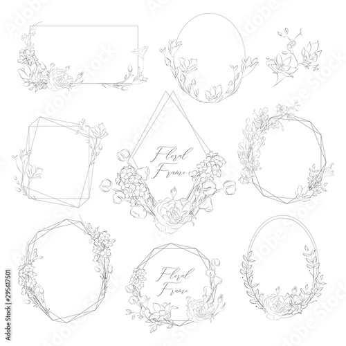 Vector Geometric Hand Drawn Floral Frames and Wreaths Collection, with Plants, Branches, Laurels, Flowers. Design Elements Illustration