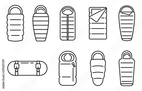 Fabric sleeping bag icons set. Outline set of fabric sleeping bag vector icons for web design isolated on white background