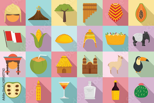 Peru icons set. Flat set of peru vector icons for web design