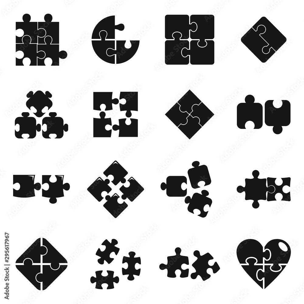 Jigsaw puzzle icons set. Simple set of jigsaw puzzle vector icons for web design on white background Jigsaw puzzle icons set. Simple set of jigsaw puzzle vector icons for web design on white background