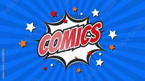 Comic Pop Art text stock video 4K. Vintage colorful cartoon animation with explosion of speech bubble message. Retro sun rays, halftone and stars. Included Green screen version for chroma key. photo