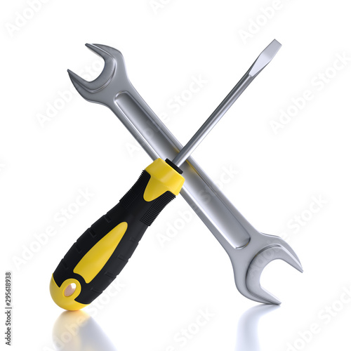 Obraz na plátně Yellow and black handle screwdriver and wrench on white background