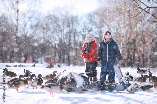 Photography children feed birds in the park
