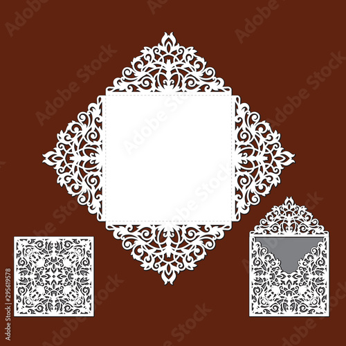 Wedding invitation card with lace angular frame at vintage style. Laser cut template of openwork vector silhouette. Envelope with ornate abstract ornament. Decorative design pattern for holiday party.