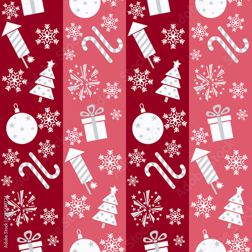 Christmas and New Year. Seamless vector illustration with holiday symbols: christmas balls, trees, snowflakes and ect.
