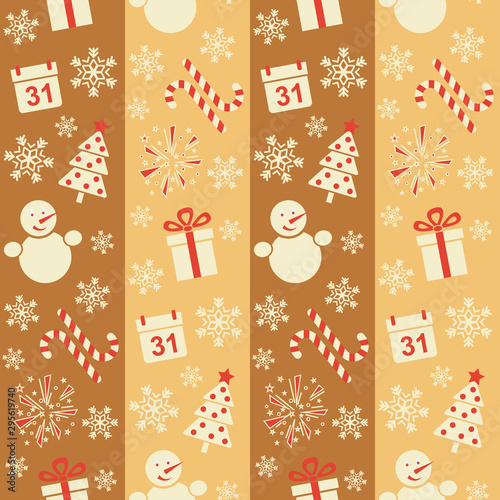 Christmas and New Year. Seamless vector illustration with holiday symbols: snowmen, christmas trees, snowflakes and ect.