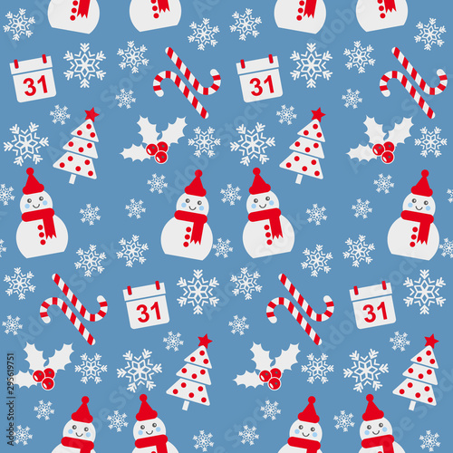 Christmas and New Year. Seamless vector illustration with holiday symbols: snowmen, christmas trees, snowflakes and ect.