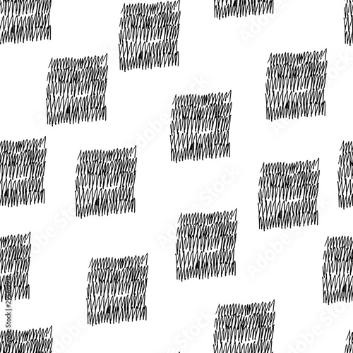 Abstract seamless pattern with black scribble squares. Pattern on white background. Vector hand drawn texture. Illustration for wrapping paper, textile print and any other purpose.