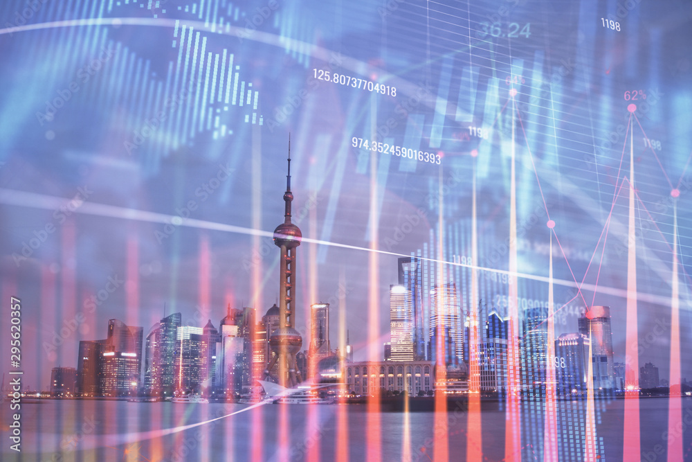Forex chart on cityscape with tall buildings background multi exposure. Financial research concept. Forex chart on cityscape with tall buildings background multi exposure. Financial research concept.