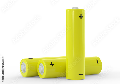 Two yellow AA size batteries isolated on white background close up, carbon zinc batteries, rechargeable batteries, mockup. 3D rendering illustration photo