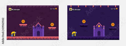 Game level design. Flat style 2d game. Castle, knight, coins, arcade adveture halloween presentation