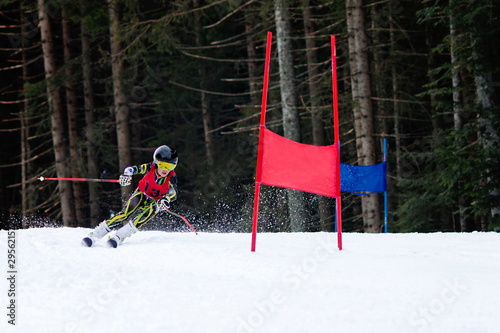 Young boy wearing a catsuit and ski racing through gates in the snow