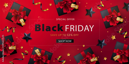 Black Friday Sale banner, poster or flyer design with gold black confetti, black gift boxes with red bows. Trendy modern design template for advertisement, social and fashion ads. Vector illustration