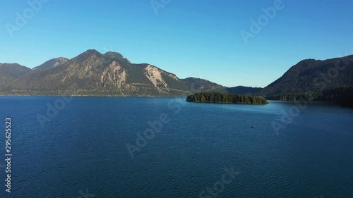 Beautiful panorama of lake Walchensee, Bavaria Germany. Flying on drone. Island of Sassau photo