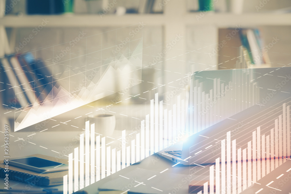 Stock market graph and table with computer background. Double exposure. Concept of financial analysis. Stock market graph and table with computer background. Double exposure. Concept of financial analysis.