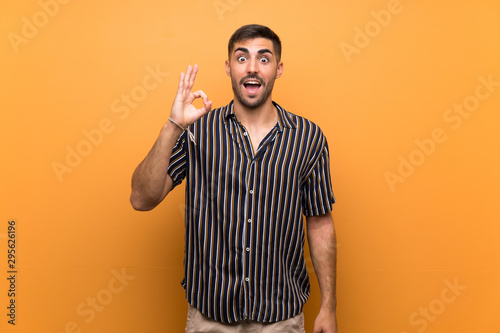 Handsome man with beard over isolated background surprised and showing ok sign