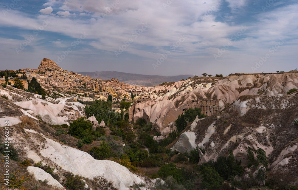 Cappadocia rock formations clustered in Monks Valley, view from Uchisar castle, Turkey 