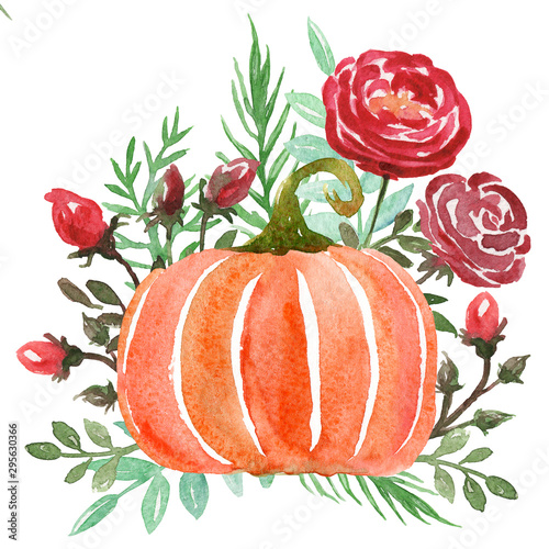 Fototapeta Naklejka Na Ścianę i Meble -  Thanksgiving pumpkin with flowers and leaves. Watercolor illustration. Perfect for thanksgiving day design, card, banner, template, decoration, print.