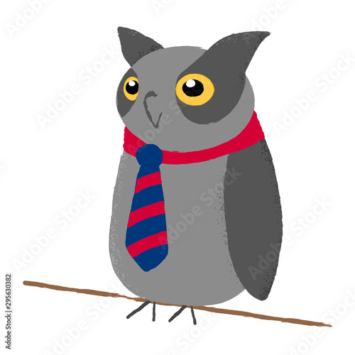 Textured vector illustration of an isolated grey owl wearing a tie and sitting on a branch.