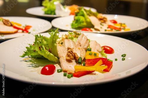 A slice chicken salad on plate